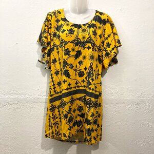 Lanca Perfume Gold Washed Denim Mini Dress Floral Flutter sleeves Fairy Yellow M